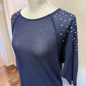 SJS Navy Pearl-Stud Shoulder Knit Top - Size Large